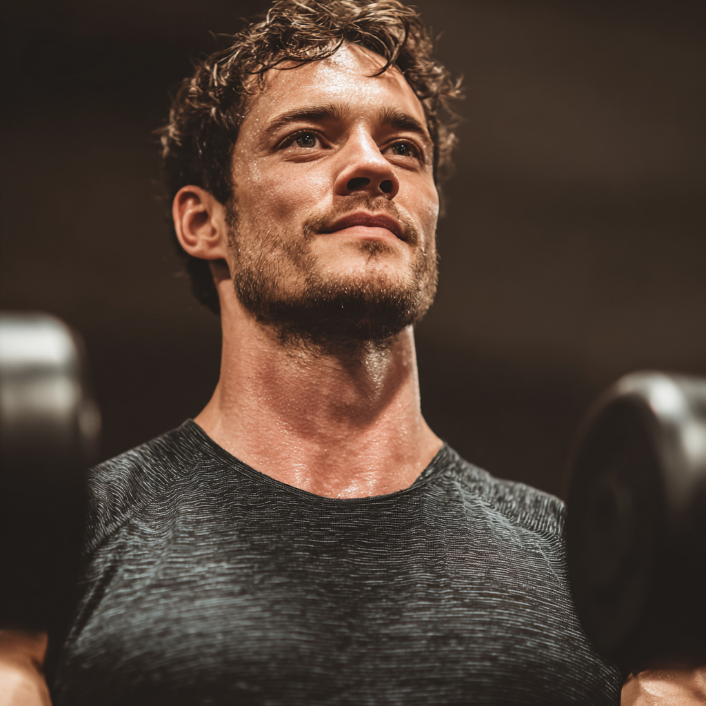 confident muscular man in gym doing strength training with determination