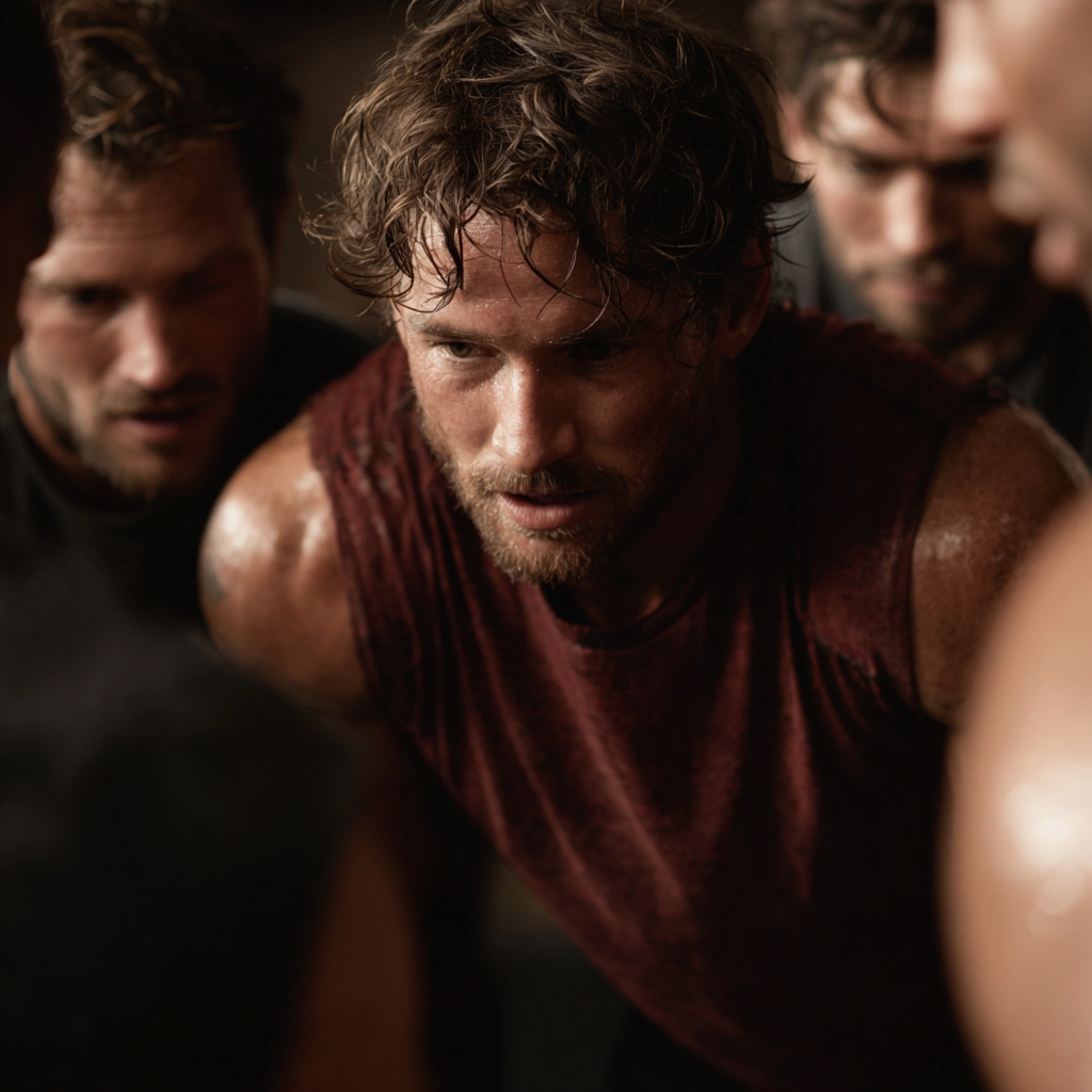 group of motivated men supporting each other during intense workout session
